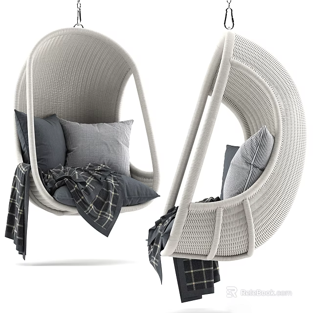 Light Gray Woven Hammock With Soft Pillows And Plaid Blanket 3d model