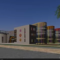 Modern School Building with Colorful Cylindrical Structures Playground Slide Trees and Cars