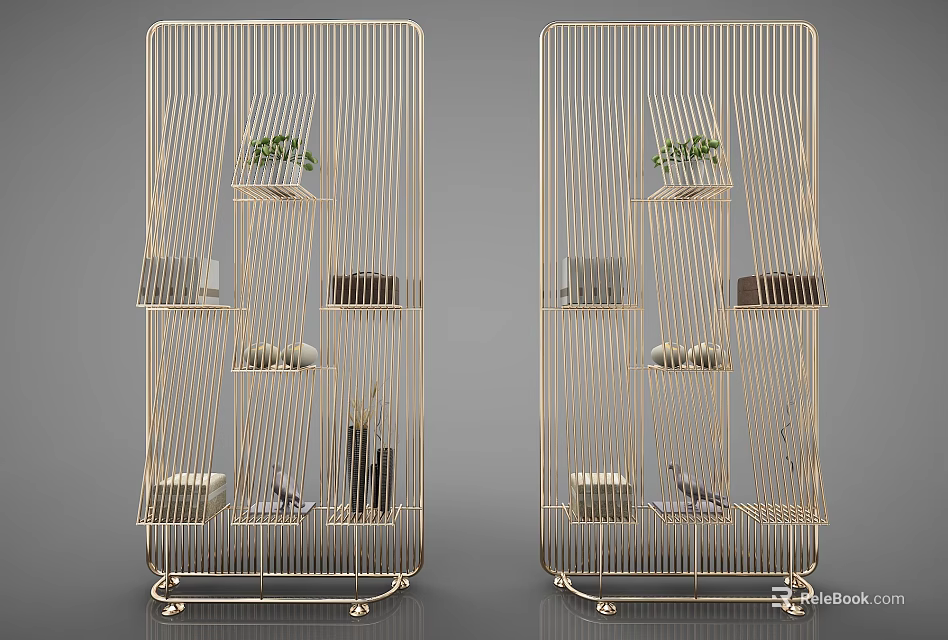 Modern Gold Metal Frame Bookcase with Multi Layer Shelves Plants Books and Decorative Ornaments 3d model 