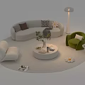 Comfortable Curved Sofa And Round Coffee Table With Decorative Pillows Green Armchair And Floor Lamp