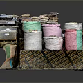 Modern Storage Solution With Stacked Colorful Fabric Bags And Containers On Wooden Base