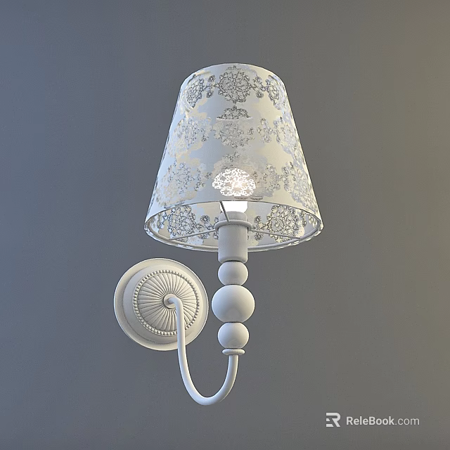 White Wall Lamp With Floral Pattern Lampshade And Decorative Round Base 3d model 