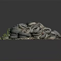 Abandoned Old Tires Stacked Together With Green Grass And Dirt Around