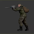 A Man in Camouflage Clothing With Hat Backpack and Rifle in Standing Pose Against Gray Background