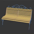 Wooden Slat Garden Bench With Ornate Metal Backrest And Curved Legs