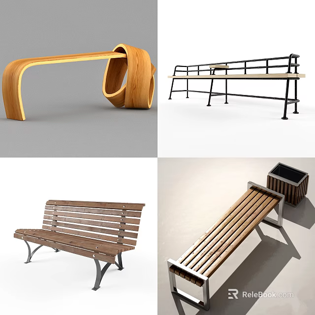 Modern Outdoor Bench With Wooden Seat Slats And Metal Frame For Park Garden Use 3d model 