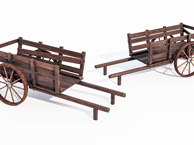 Two Vintage Wooden Carts With Spoked Wheels And Wooden Frames 3d model