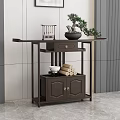 Chinese Style Solid Wood Console Table With Bonsai Decor And Storage Cabinet 3d model