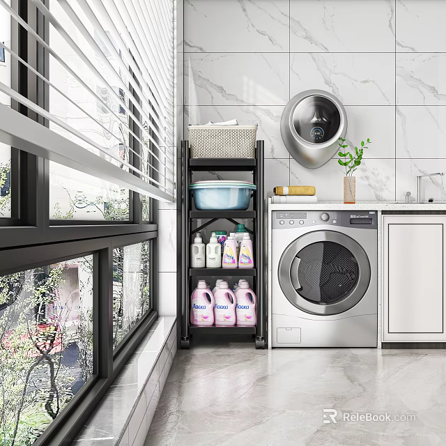 Home Balcony Laundry Setup With Washing Machine Shelf Cleaning Supplies Green Plant And Marble Wall 3d model 