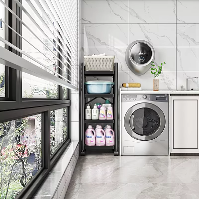 Home Balcony Laundry Setup With Washing Machine Shelf Cleaning Supplies Green Plant And Marble Wall 3d model