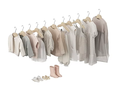 Baby Clothes Hanging on Hangers with Light Colored Dresses Shirts and Shoes 3d model