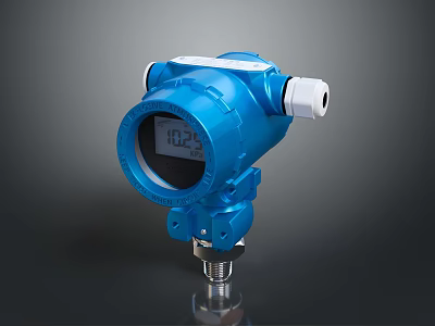 Blue Industrial Digital Pressure Transmitter With Display And Stainless Steel Base 3d model