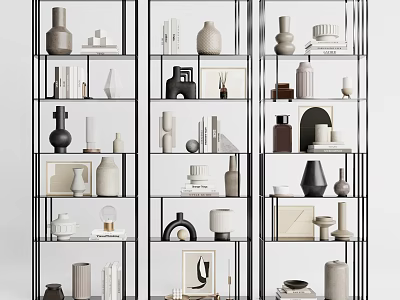 Modern Metal Frame Display Shelf with Decorative Vases Sculptures Frames and Books 3d model