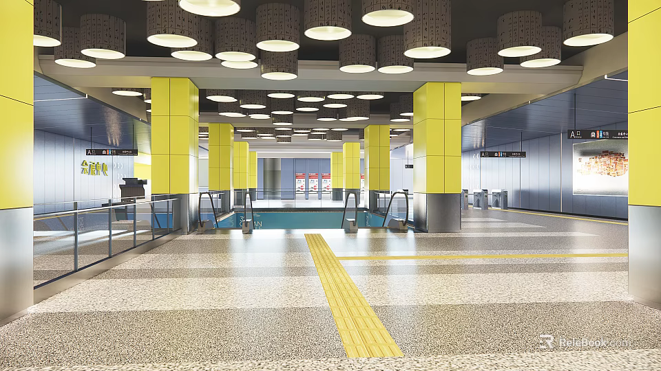 Modern Spacious Station Interior With Yellow Pillars Escalators Lighting And Flooring 3d model 