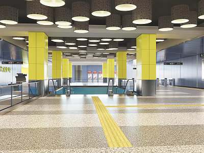 Modern Spacious Station Interior With Yellow Pillars Escalators Lighting And Flooring 3d model