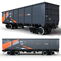 Black Railway Freight Car With Orange Accents And Metal Cargo Structure