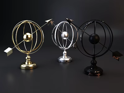 Gold Silver Black Decorative Globe Ornament Set With Arrow Accents And Base 3d model