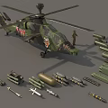 Camouflage Military Attack Helicopter with Weapons Ammunition and Standing Soldier Model