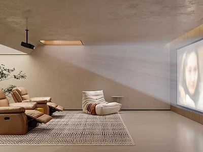 Cozy Basement Home Theater With Comfortable Seating Projector And Carpet 3d model