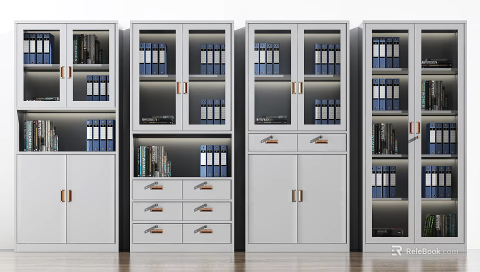 Contemporary White Bookcase With Glass Doors Brass Handles Drawers And Blue Folders 3d model 
