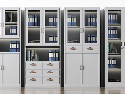 Contemporary White Bookcase With Glass Doors Brass Handles Drawers And Blue Folders 3d model