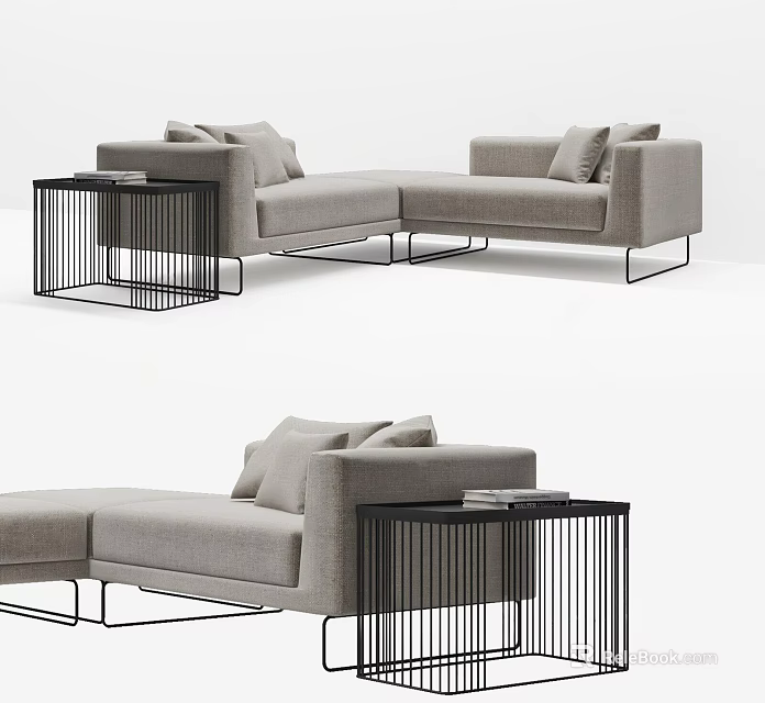 Modern Light Gray L Shaped Sectional Sofa With Black Side Tables And Books 3d model
