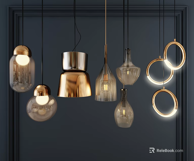 Modern Pendant Lights With Various Designs Metal Glass Shades And Circular Ring Shapes 3d model 