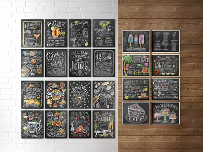 Chalkboard Style Decorative Posters With Hand Drawn Cocktails Fruits And Coffee Designs 3d model