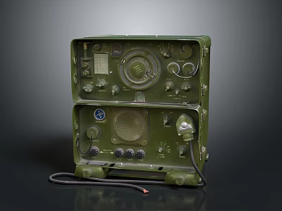 Vintage Green Military Radio Communication Device With Knobs Dials And Cable 3d model