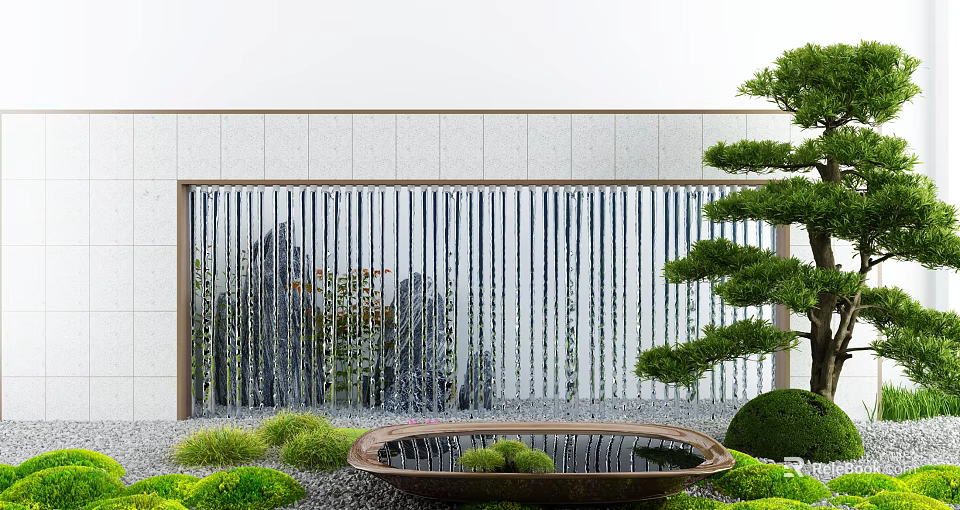 Tranquil Courtyard Garden With Water Feature Wall Japanese Pine Tree Circular Stone Basin And Greenery 3d model 