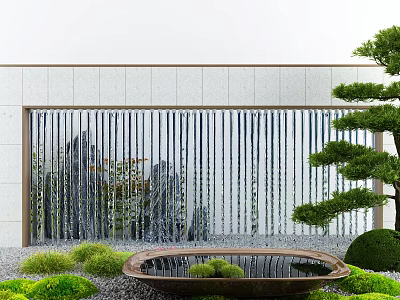 Tranquil Courtyard Garden With Water Feature Wall Japanese Pine Tree Circular Stone Basin And Greenery 3d model