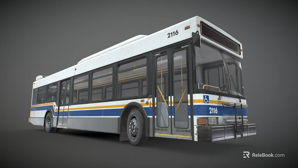 White Blue And Yellow Stripe City Bus With Number 2116 Exterior Design 3d model 