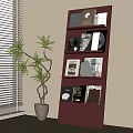 Purple Tall Bookshelf With Various Books Records And Potted Plant Beside Window With Blinds