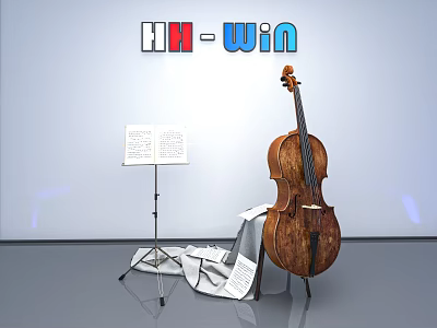 Wooden Cello And Art Supplies With Sheet Music On Music Stand 3d model