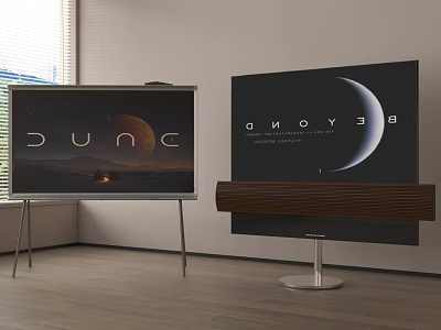 Two TVs On Stands Displaying Scenic Visuals With Wooden Soundbar In Living Room 3d model