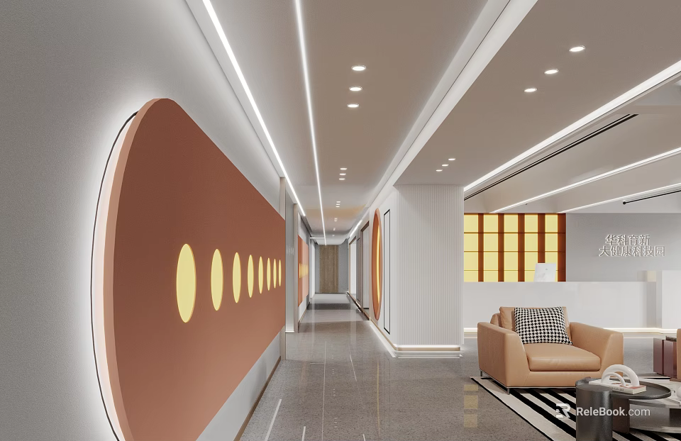 Modern Elevator Corridor With Circular Wall Decor And Sofa Area 3d model 