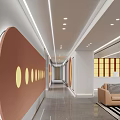 Modern Elevator Corridor With Circular Wall Decor And Sofa Area 3d model