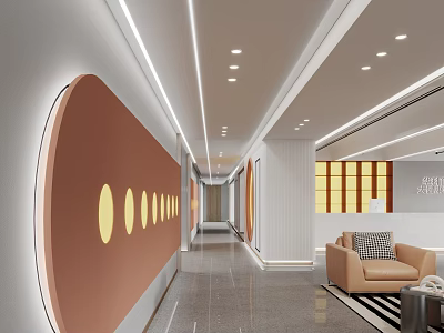Modern Elevator Corridor With Circular Wall Decor And Sofa Area 3d model