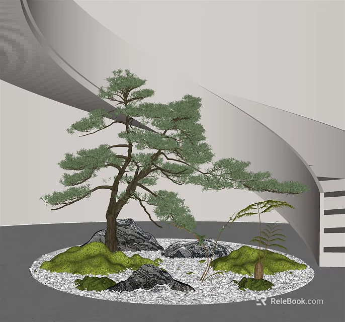 Modern Garden Decor With Pine Tree Rocks Moss And Curved Structure 3d model