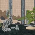 Garden Ornaments Featuring Rockery Pine Tree Metallic Decor And Smooth Stones With Reflections
