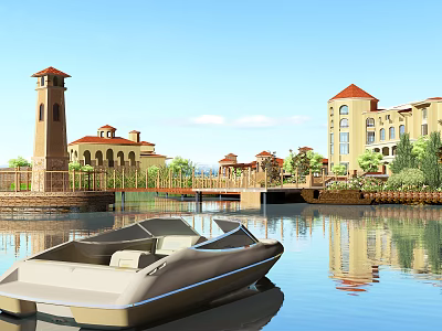 Scenic Garden Landscape with Waterfront Boat Tower Buildings Trees and Blue Sky Reflections 3d model