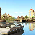 Scenic Garden Landscape with Waterfront Boat Tower Buildings Trees and Blue Sky Reflections