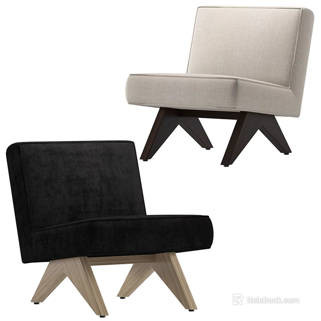 Modern Leisure Chairs With Black Velvet And Beige Linen Upholstery And Wooden Legs 3d model 