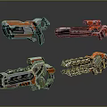 Sci Fi Weapons Design With Orange Gray Color And Green Glowing Elements 3d model