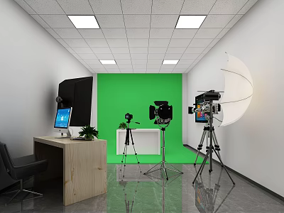 Public Office Space With Green Backdrop Photography Equipment Wooden Desk Computer Monitor And Lighting 3d model