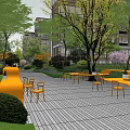 Tranquil Residential Landscape Featuring Striped Flooring Wooden Seating Circular Fire Pit And Lush Greenery