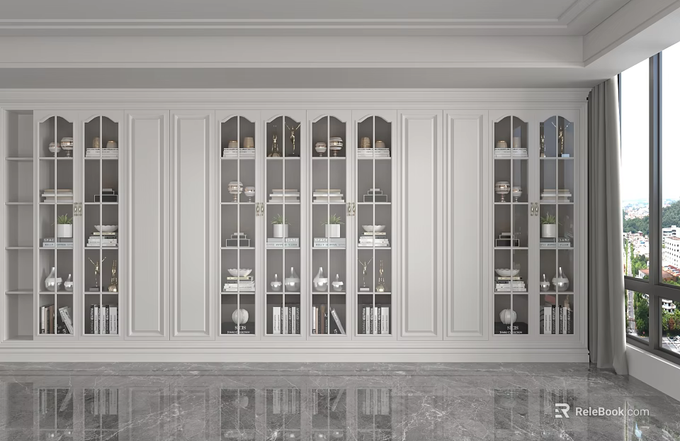 White Cabinet Shelving with Glass Doors in Modern Interior Featuring Marble Floor and Various Items 3d model 