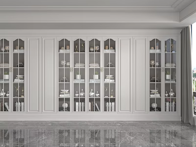 White Cabinet Shelving with Glass Doors in Modern Interior Featuring Marble Floor and Various Items 3d model