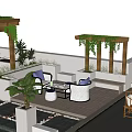 Pergola On Rooftop Terrace With Greenery Vines Sofa Seating And Dining Furniture
