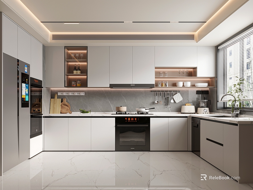 Modern Kitchen Interior With Light Gray Cabinets Marble Countertops Built in Appliances And Overhead Lighting 3d model 